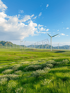像素女角色摄影照片_新疆草原风车风力发电资源利用全景