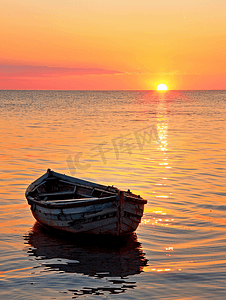 大海油画摄影照片_小船海边日落