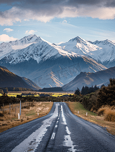远方的公路摄影照片_雪山下的公路新西兰自驾风光