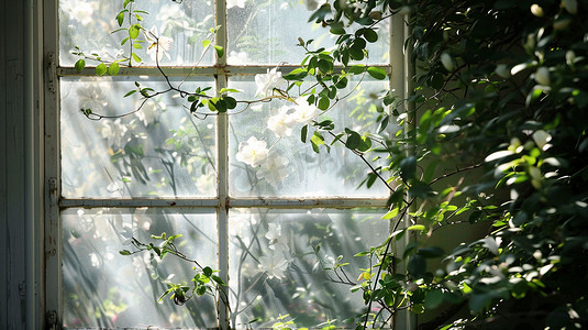 窗户花朵风景立体描绘摄影照片合成