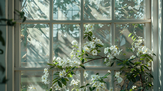 窗户花朵风景立体描绘摄影照片特色
