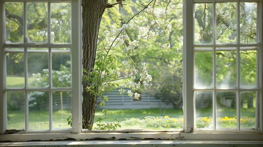 立体窗户摄影照片_窗户花朵风景立体描绘摄影照片简洁