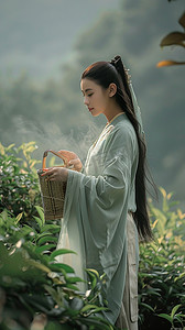 古典竹篓摄影照片_照片采茶女摄影图采茶写真