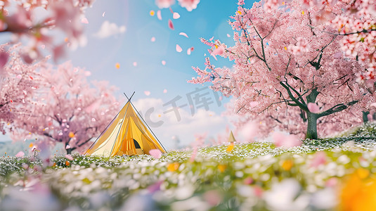 春天樱花树下露营高清图片