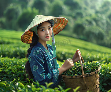 写实虎爪子摄影照片_女采采茶茶园摄影图照片写实