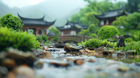 古风摄影照片_古风园林雨景模型立体描绘摄影照片3d