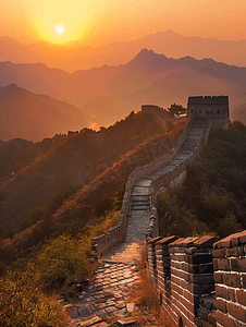 景色背景素材摄影照片_夕阳下的长城