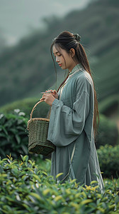 古典竹篓摄影照片_照片采茶女写真摄影图采茶