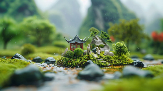 古风园林雨景模型立体描绘摄影照片简单