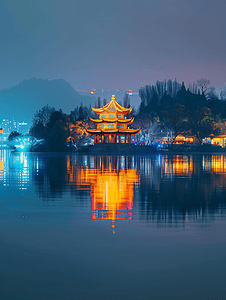 亭台楼阁背景摄影照片_西湖夜景全景