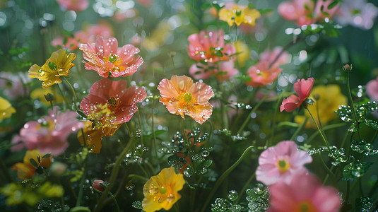 雨中花朵花海风景立体描绘摄影照片图片
