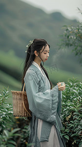 古典竹篓摄影照片_采茶女摄影图写真照片采茶