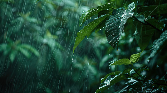 雨季森林下雨树叶的摄影1高清摄影图