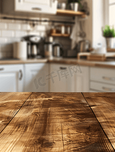 版式设计折页摄影照片_空的木桌和模糊的厨房背景