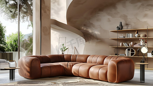 欧式棕色皮质沙发高清摄影图