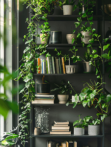 客厅书架绿植和