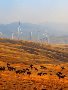 生态资源摄影照片_新疆草原风车风力发电资源利用全景