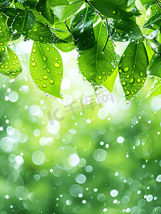 春天绿色海报摄影照片_水滴绿叶雨滴