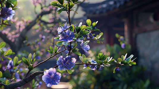 蓝紫色小花枝头立体描绘摄影照片光泽