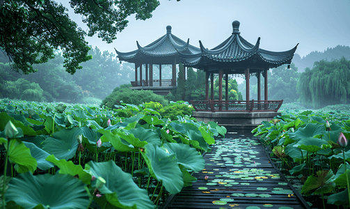 杭州景点摄影照片_西湖集贤亭与荷花