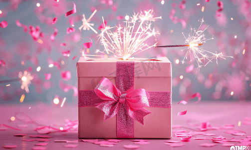 粉色梦幻摄影照片_带有礼花的粉色礼物盒摆拍