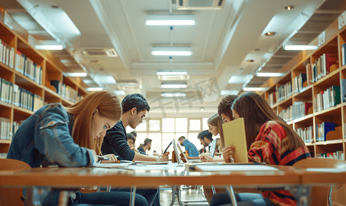 帅哥摄影照片_在图书馆学习的大学生