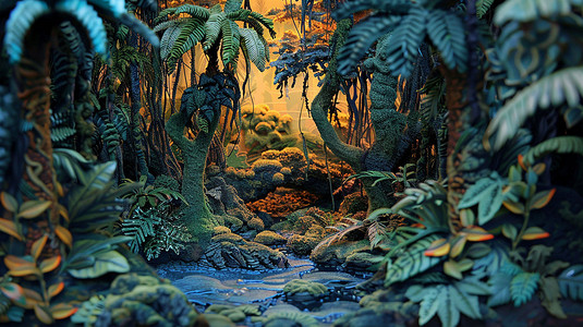 丛林立体摄影照片_奇幻森林丛林模型立体描绘摄影照片艺术