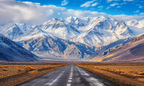 山水旅游背景摄影照片_通往山脉的公路