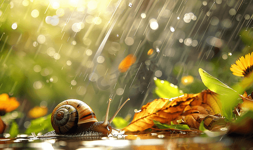 蜗牛黄鹏鸟摄影照片_下雨天蜗牛雨水节气