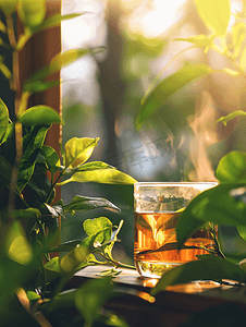 金秋图片摄影照片_茶饮与绿植温馨