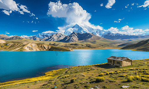 蓝天摄影照片_青藏高原纳木措圣湖边的玛尼堆自然风景