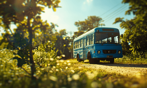 一辆车摄影照片_马路上的一辆蓝色的公交车大巴车