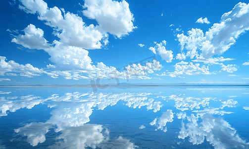 水天相接摄影照片_天空之镜蓝天白云青海湖