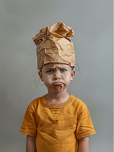 抑郁的孩子摄影照片_头戴不开心表情纸袋的小男孩