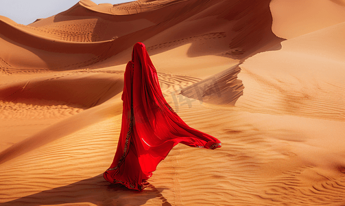 夕阳美女摄影照片_走在沙漠里的红衣美女