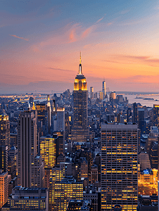 曼哈顿摄影照片_美国纽约曼哈顿天际线日落夜景