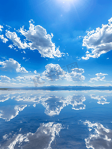 水天相接摄影照片_天空之镜蓝天白云青海湖