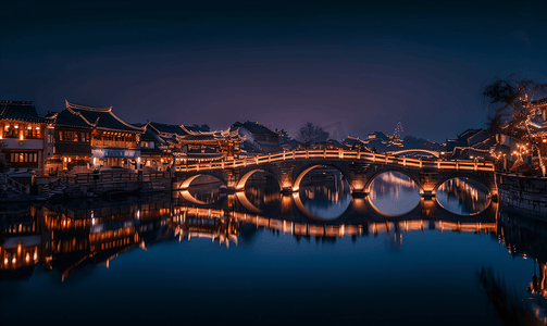 徽派图片摄影照片_南浔古镇夜色美景民居古桥