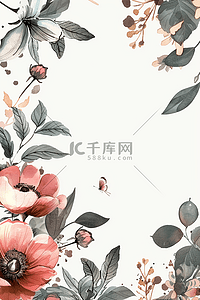 中间空白的背景图片_春天红色边框绿植花朵手绘背景