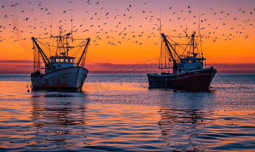 夕阳余晖下的渔船