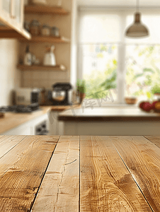 接收器摄影照片_空的木桌和模糊的厨房背景