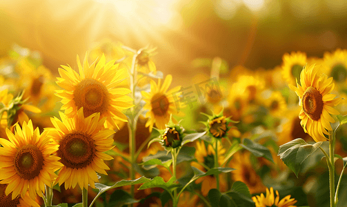 小清新黄色花卉摄影照片_田野里的向日葵