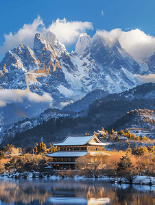 丽江雪山摄影照片_丽江冬天玉龙雪山日照金山