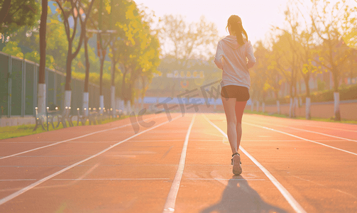 跑步图片摄影照片_阳光下运动女孩跑道上走路