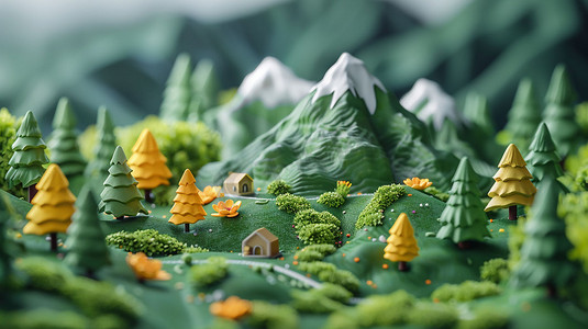 山谷模型森林人居立体描绘摄影照片矢量