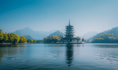 雷锋横版摄影照片_西湖雷锋塔旅游目的地