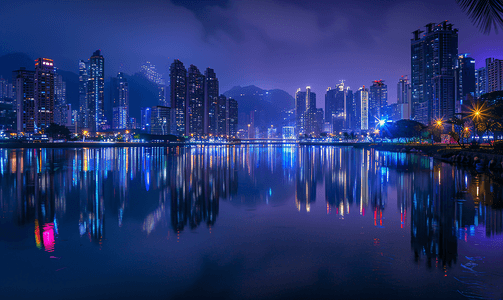 蓝色商务山摄影照片_深圳福田区海岸线城市风光夜景