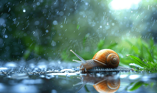 节气谷雨摄影照片_下雨天蜗牛雨水节气