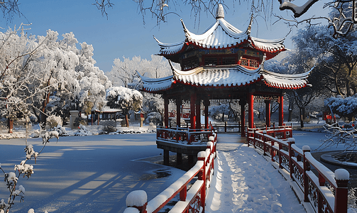 中式梅花摄影照片_中式古典园林中的雪景