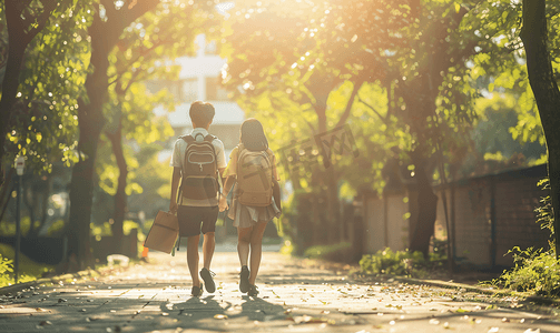 手拉手的小朋友摄影照片_开学季手拉手去上学的同学们